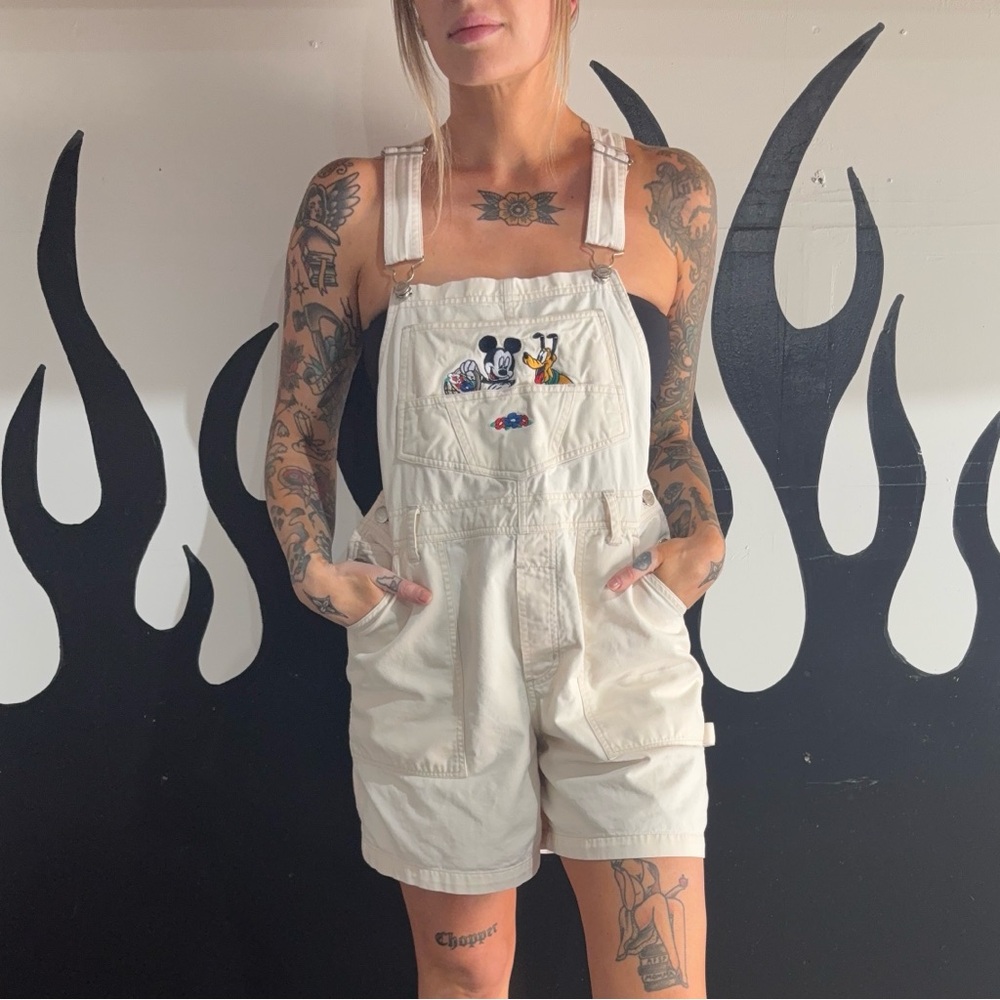 White Overalls with Mickey Mouse Embroidery